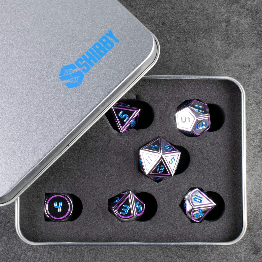 shibby 7 polyedrische Metall-Würfel für Rollen- und Tabletopspiele in Digital Optik D2 inkl. Aufbewa