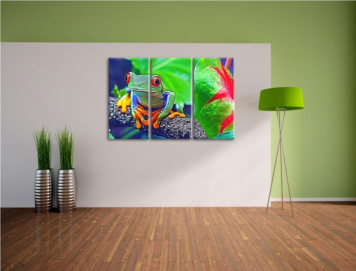 Rotaugenlaubfrosch auf Ast Spezial 3-Teiler Leinwandbild 120x80 Bild auf Leinwand, XXL riesige Bilde