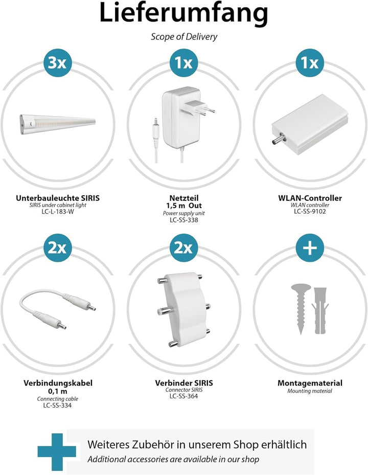 ledscom.de Smarte LED Unterbau-Leuchte SIRIS weiss matt mit WLAN-Controller, flach, Smart-Home, Alex