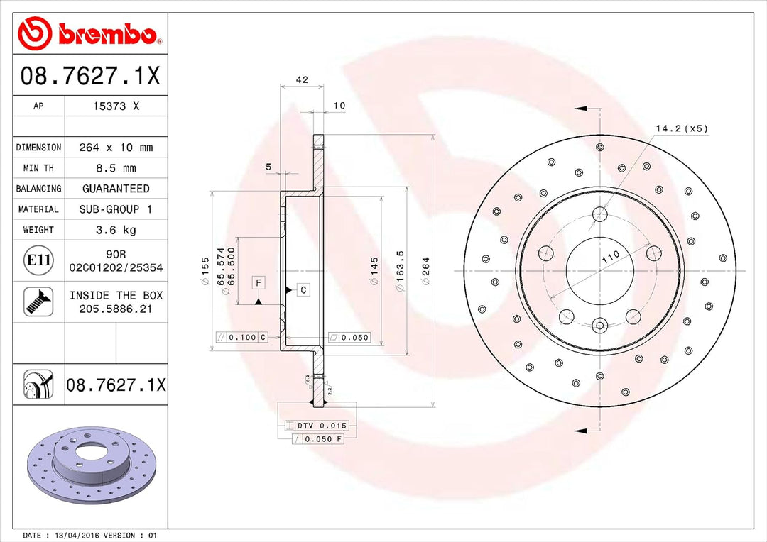 BREMBO 08.7627.1X Bremsscheibe Scheibenbremsen, Bremsscheiben (x2)