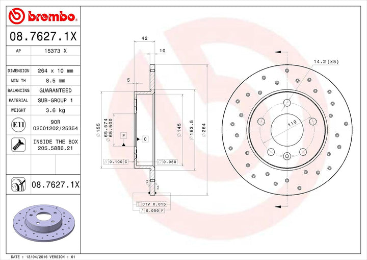 BREMBO 08.7627.1X Bremsscheibe Scheibenbremsen, Bremsscheiben (x2)