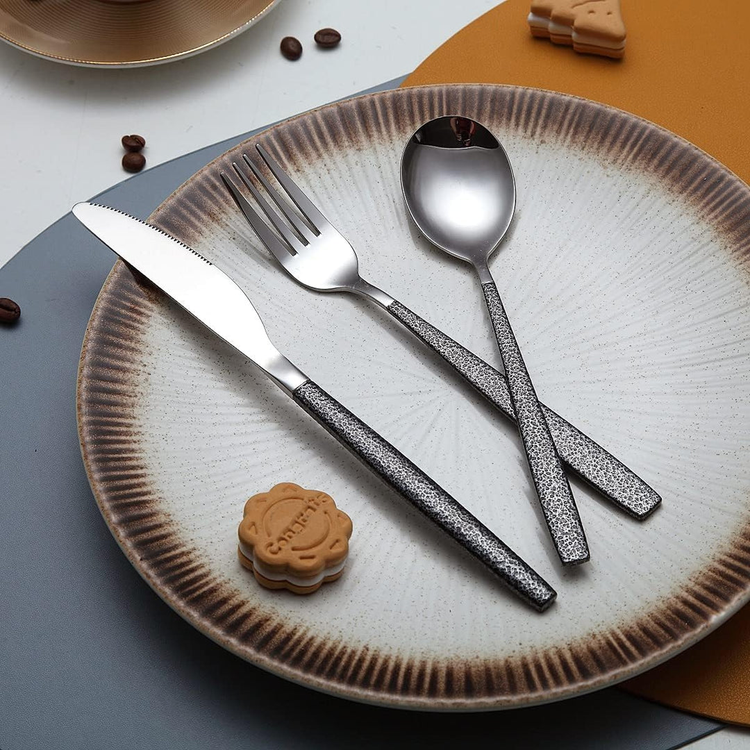 Besteckset 30 Stück Beschichtung mit Schwarzem Marsgriff, Edelstahlmesser Löffel Gabeln Besteckset U