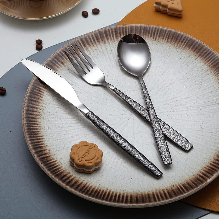 Besteckset 30 Stück Beschichtung mit Schwarzem Marsgriff, Edelstahlmesser Löffel Gabeln Besteckset U