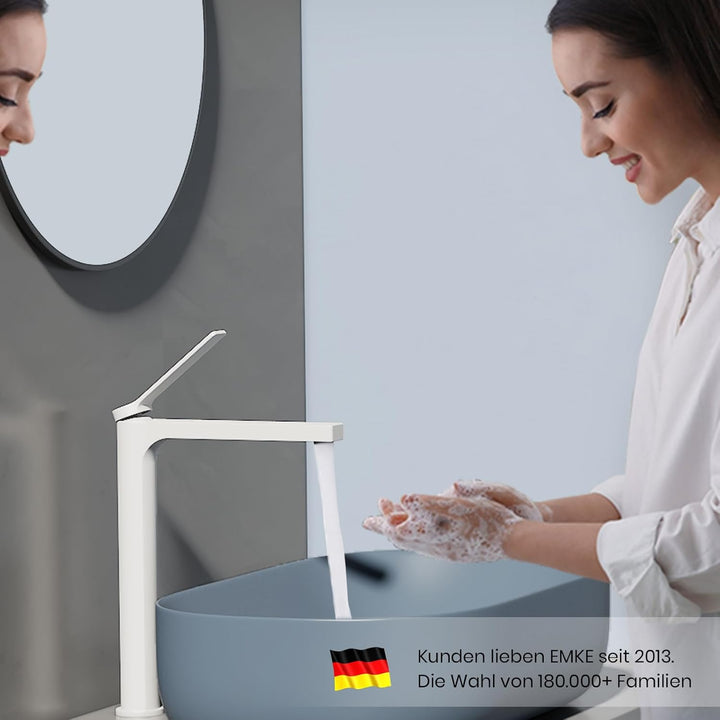 EMKE Wasserhahn Bad Weiss Matt, 335 x 233 x 46 mm, Messing, Keramikkartusche, Badarmatur, Mischbatte