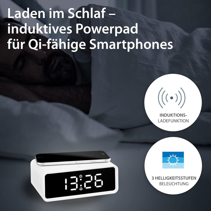 ADE CK2010 digitaler Wecker, kabelloses induktives Laden QI Smartphone 10W, mit Ladestation Wireless
