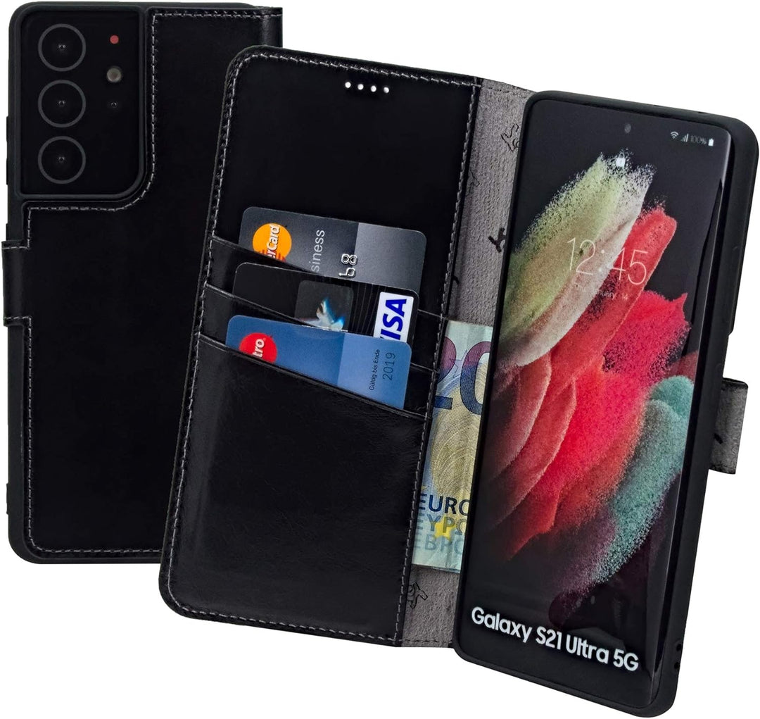 Suncase Book-Style Hülle kompatibel mit Samsung Galaxy S21 Ultra 5G Leder Tasche (Slim-Fit) Lederhül