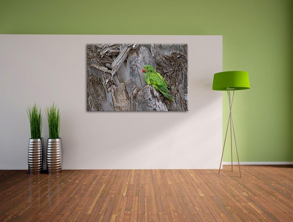grüner Papagei im Gehölz Leinwand, XXL riesige Bilder fertig gerahmt mit Keilrahmen, Kunstdruck auf
