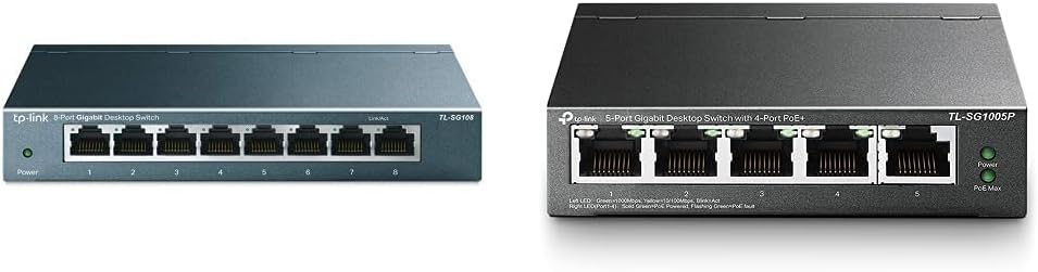 TP-Link TL-SG108 LAN Switch 8 Port Netzwerk Switch mit TL-SG1005P 5-Port Gigabit Lan PoE Switch