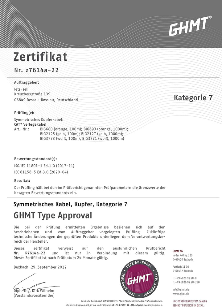 BIGtec CAT 7 Netzwerkkabel Verlegekabel LAN Kabel 100m CAT7 PiMF halogenfrei Zertifiziert GHMT BauPV