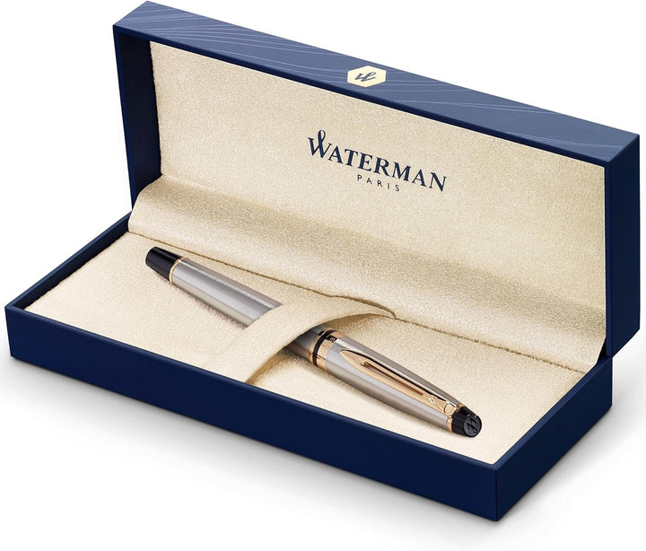 Waterman Expert Tintenroller | Edelstahl | Zierteile aus 23 K Gold| feine Spitze | Schwarz | Geschen