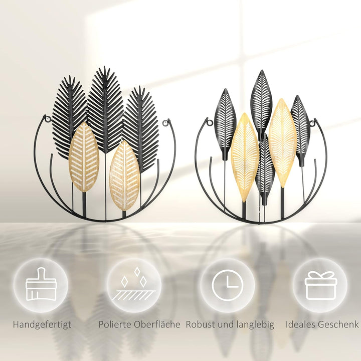 HOMCOM 2-Set 3D-Wandbild aus Metall Blätter Wandschmuck Wanddeko Wandverzierung modern Wohnzimmer-Ku