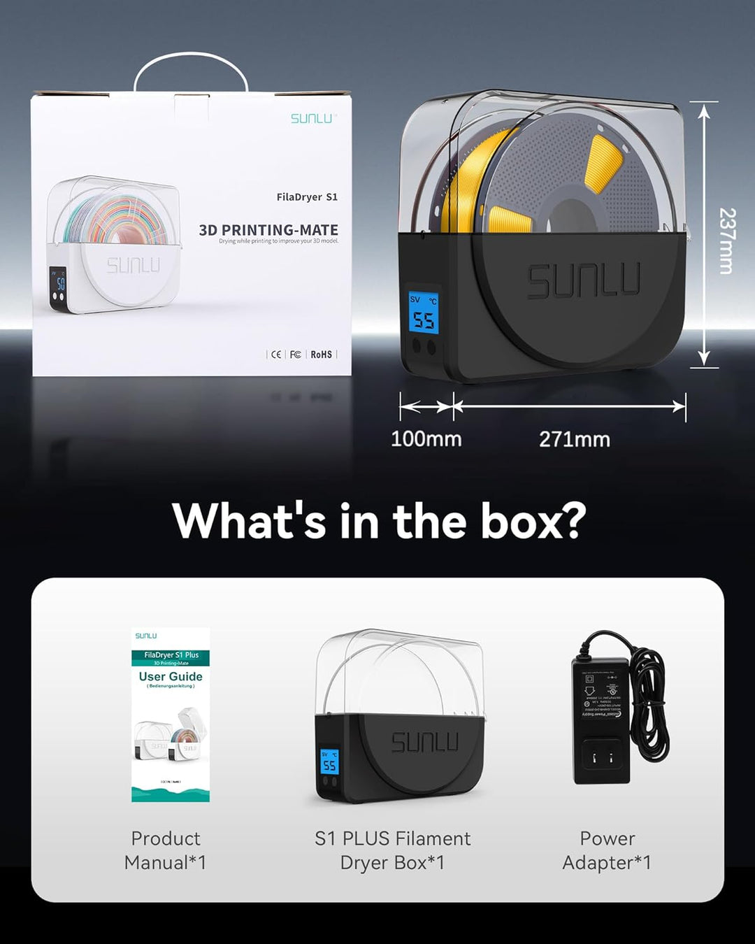 SUNLU Filament Trockner Box mit Ventilator für 3D Drucker Filament, Upgarded S1 PLUS Filament Trocke