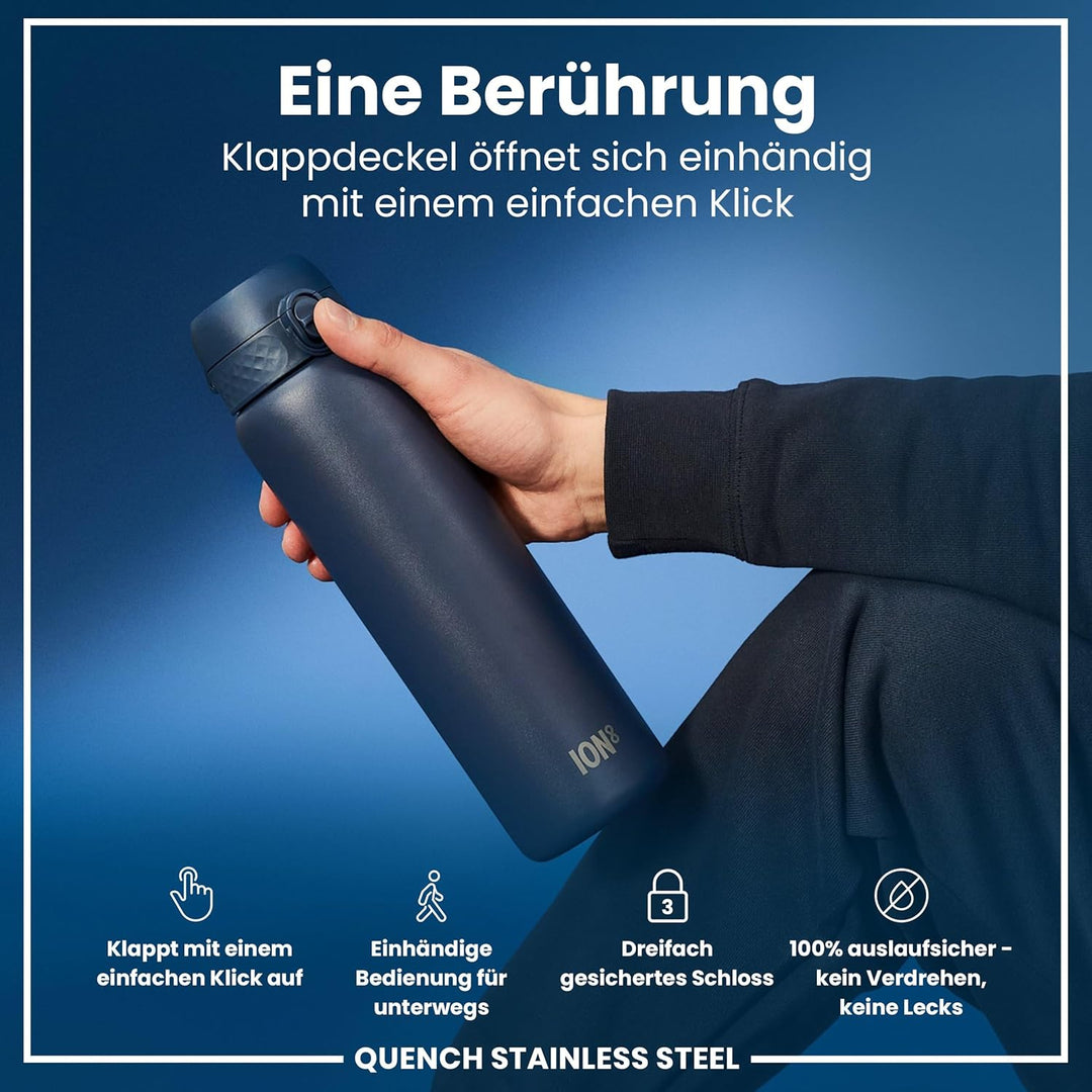 Ion8 1 Liter Edelstahl Trinkflasche, Auslaufsicher, Einhandöffnung, Sichere Verriegelung, Spülmaschi