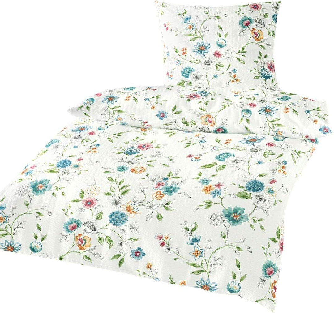 Traumschlaf Seersucker Bettwäsche Blumengirlande 1 Bettbezug 135 x 200 cm + 1 Kissenbezug 80 x 80 cm