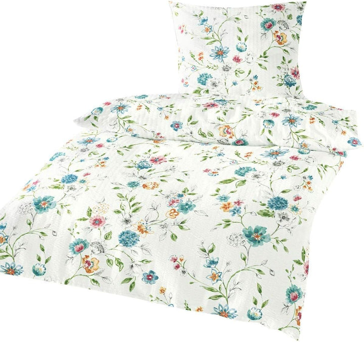 Traumschlaf Seersucker Bettwäsche Blumengirlande 1 Bettbezug 135 x 200 cm + 1 Kissenbezug 80 x 80 cm