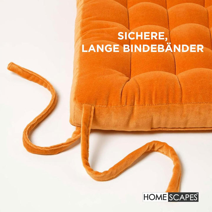 Homescapes 4er-Set Samt Stuhlkissen 40x40 orange, Sitzauflagen mit Bändern, bequeme Sitzkissen für S