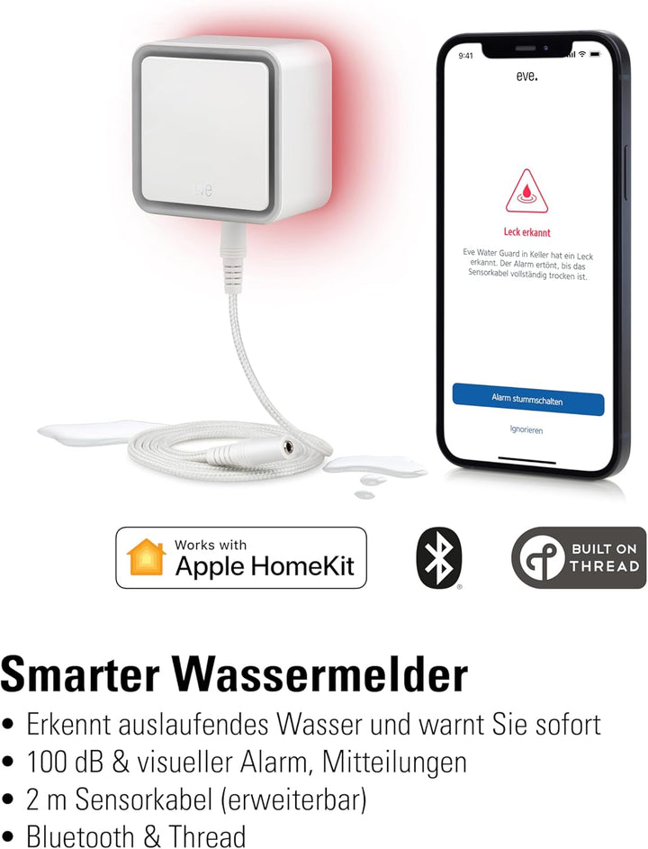 Eve Water Guard - Smarter Wassermelder, 2m Sensorkabel (verlängerbar), 100dB, Wasseralarm auf iPhone