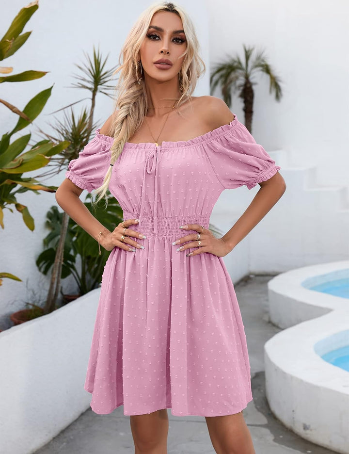 KOJOOIN Damen Kleider MiniKleid Swiss dot Kurzarm Puffärmel mit Rüsche trägerlos Kleider Tupfen Frei