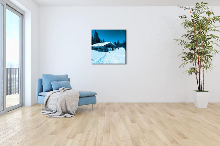 deyoli Skihütte im Winter Format: 70x70 Effekt: Monocrome Blau als Leinwandbild, Motiv fertig gerahm