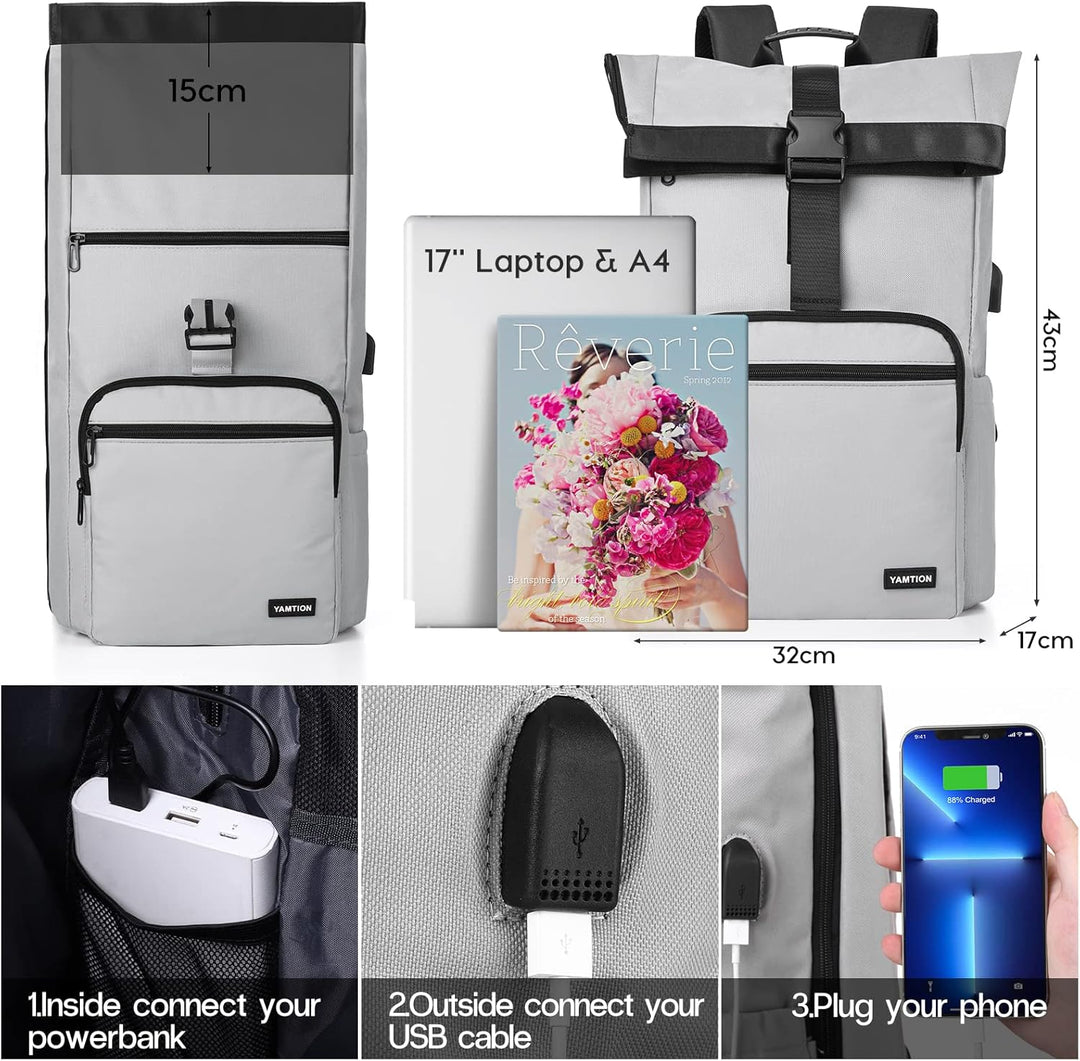 YAMTION 17" Rucksack Damen Stadtrucksack Herren Roll Top,Rucksack Laptop Unisex mit Laptopfach & USB