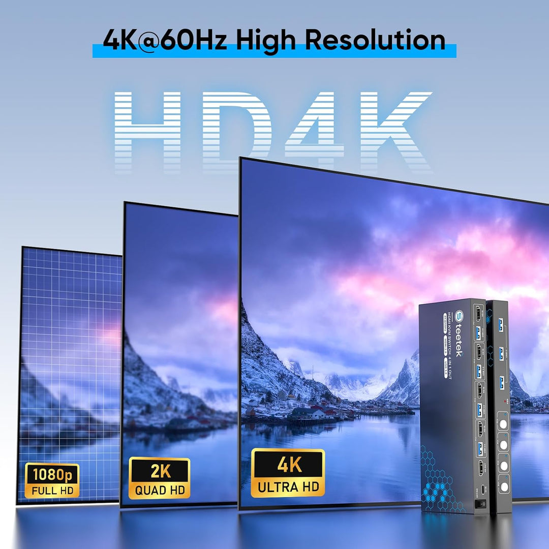 4 Port HDMI KVM Switch 4 PC 1 Monitor, USB 3.0 KVM Switch 4K@60Hz für 4 Computer teilen sich 1 Tasta