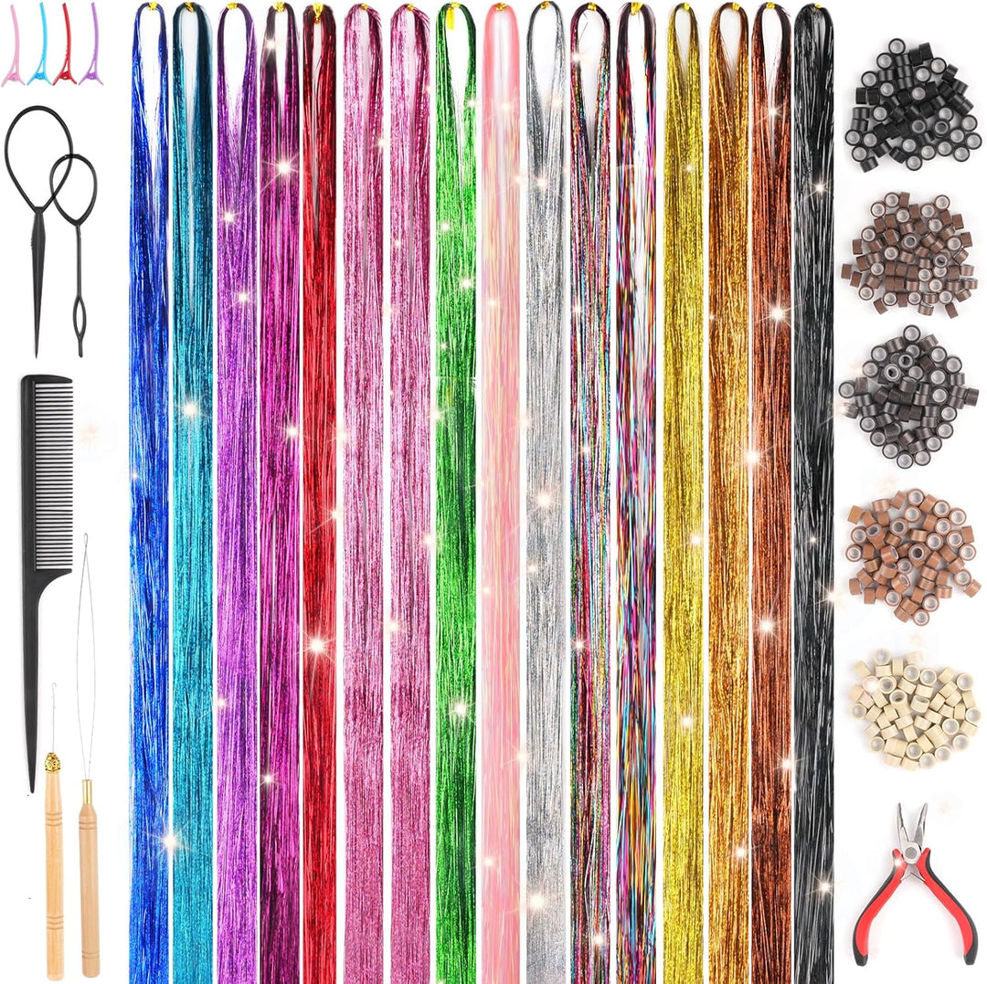 3200 Hair Tinsel,48 Inches Haar Lametta mit Werkzeug,16 Farben Glitzer Haarsträhnen zum Flechten Haa