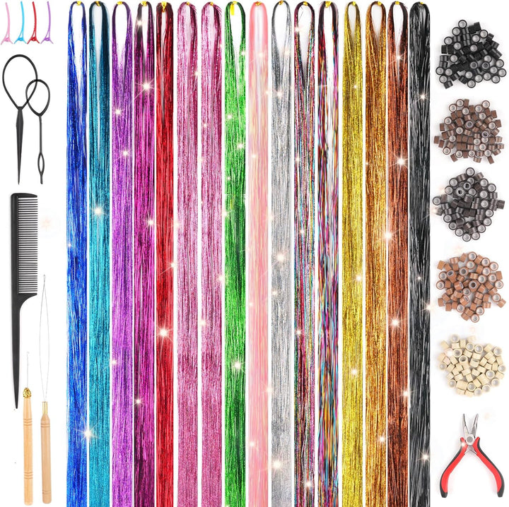 3200 Hair Tinsel,48 Inches Haar Lametta mit Werkzeug,16 Farben Glitzer Haarsträhnen zum Flechten Haa