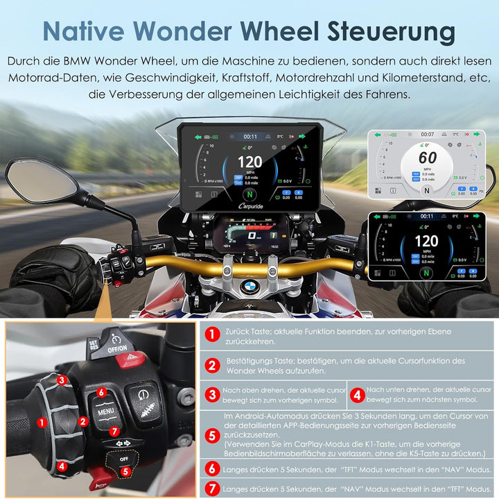 Carpuride W702BS Pro Motorrad Carplay Bildschirm mit BMW Wonder Wheel für BMW Motorrad, Kabelloses C