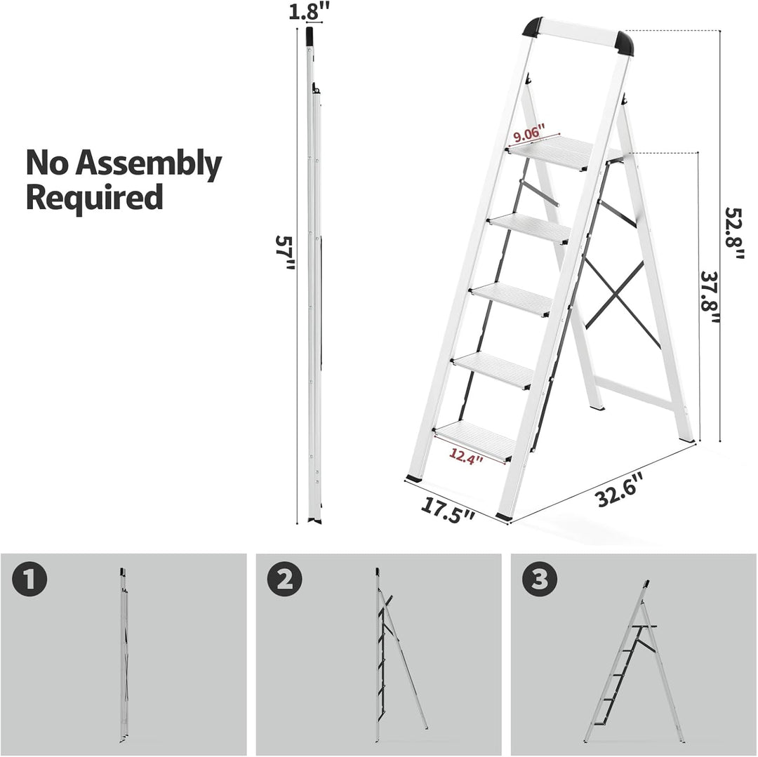 KINGRACK Stufenleiter, 5 Stufen, klappbare Stufenleiter mit Handlauf, rutschfeste Haushaltsleiter mi