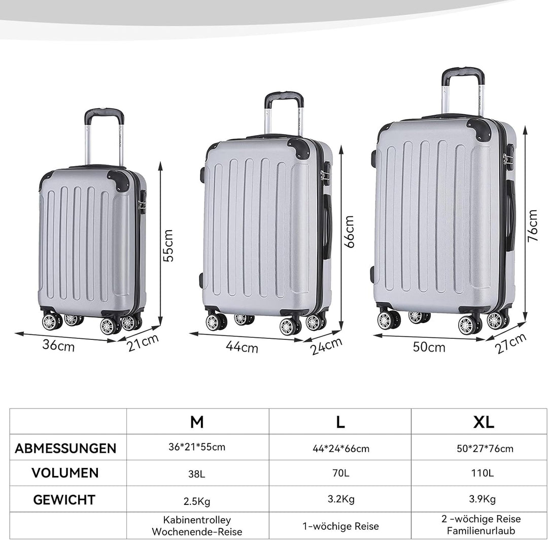 BEIBYE Hartschalen-Koffer Trolley Rollkoffer Reisekoffer Handgepäck 4 Rollen (M-L-XL-Set) (Silber, S