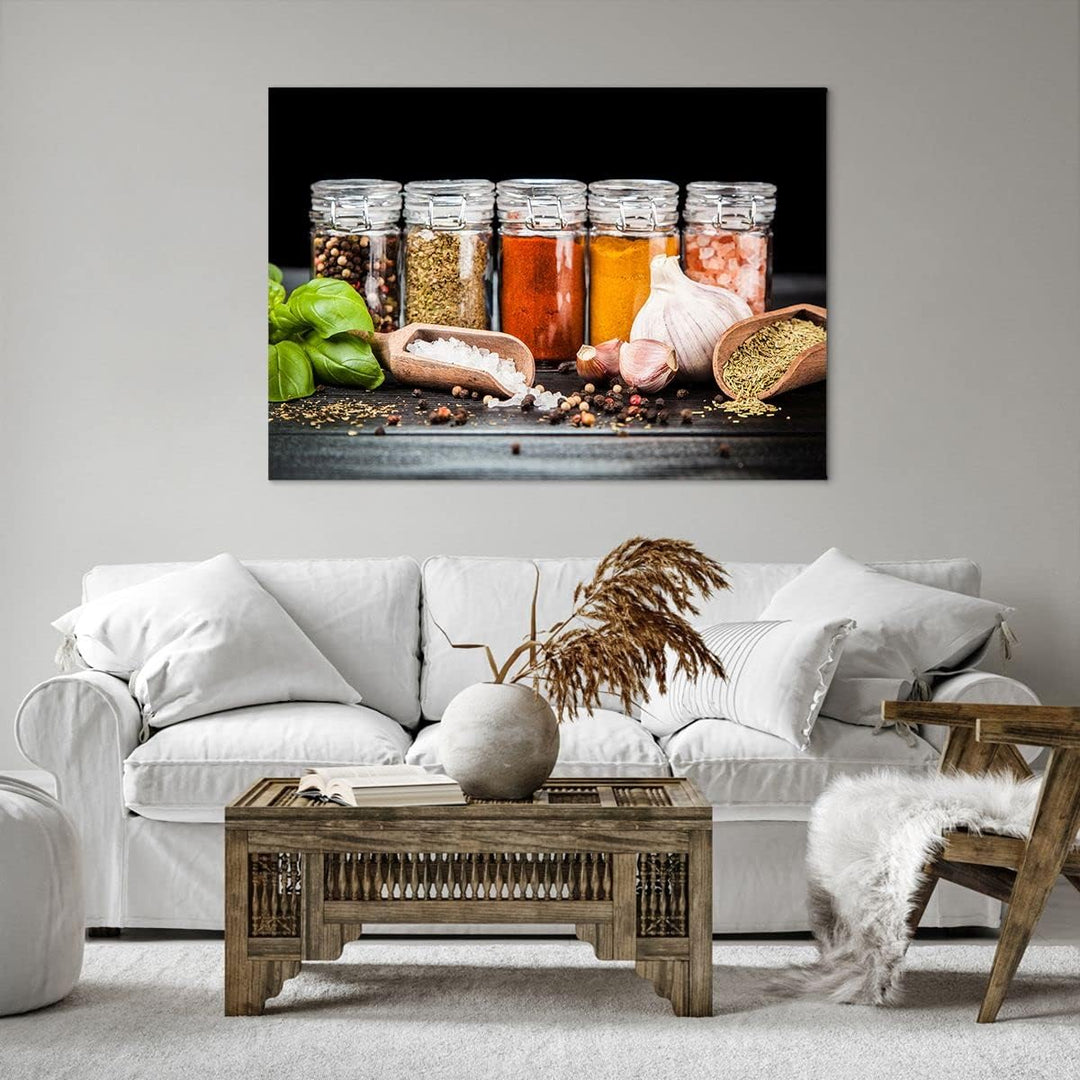 Bilder auf Leinwand 100x70cm Leinwandbild Gewürze Knoblauch Holz Salz Gross Wanddeko Bild Schlafzimm