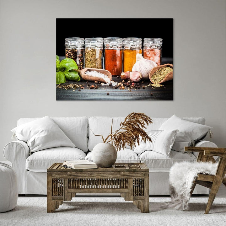 Bilder auf Leinwand 100x70cm Leinwandbild Gewürze Knoblauch Holz Salz Gross Wanddeko Bild Schlafzimm