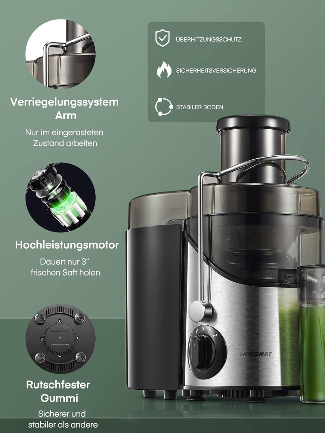 HOUSNAT Entsafter Gemüset und Obst, Juicer mit Grossem Mund, Grossem 65-mm-Zufuhrschacht und 3 Gesch