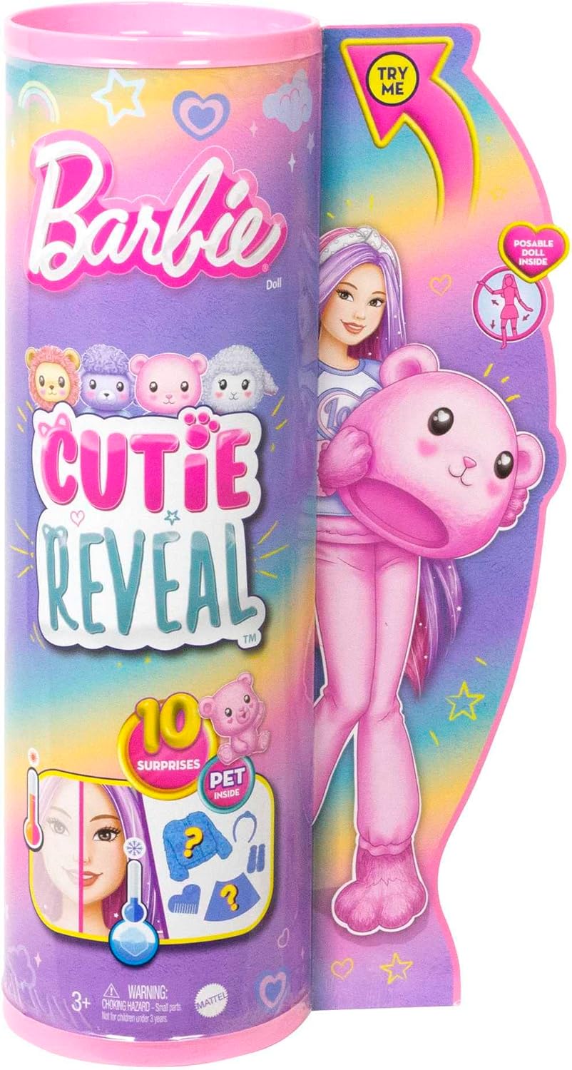 Barbie Cutie Reveal Puppe - Kuschelweiche Plüschverpackung mit 10 Überraschungen, bewegliche Puppe m