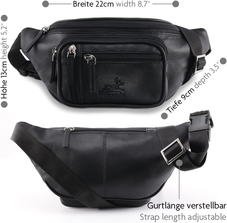 Fa.Volmer ® Bauchtasche | Gürteltasche | Hüfttasche in Echt-Leder für Damen und Herren | schwarz | V