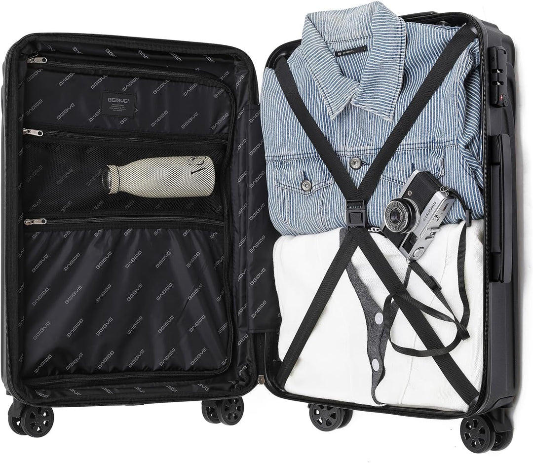 BEIBYE Kofferset Rollkoffer Koffer Hartschale,TSA Schloss, Zwillingsrollen, Erweiterung (Schwarz, Se