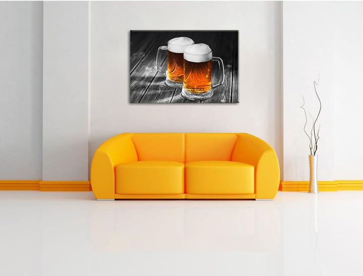 Pixxprint Zwei Masskrüge Bier als Leinwandbild/Grösse: 100x70 cm/Wandbild/Kunstdruck/fertig bespannt