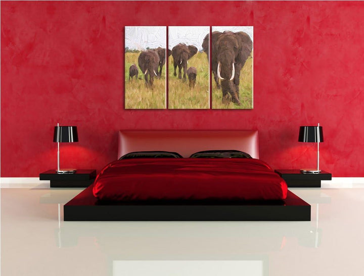 grosse wandernde Elefantenhorde NewArt 3-Teiler Leinwandbild 120x80 Bild auf Leinwand, XXL riesige B