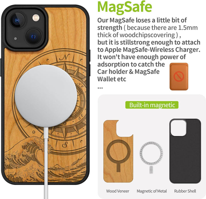 Carveit Handyhülle für iPhone 14 Holz Cover kompatibel mit MagSafe Massivholz für Apple 14 Stossfest
