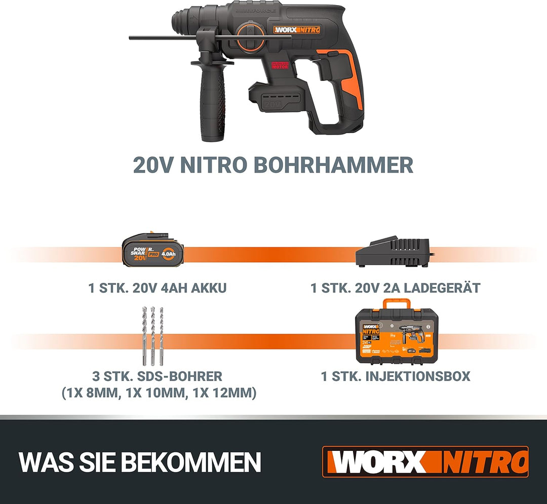 WORX NITRO WX381 Akku Bohrhammer 20V- bürstenloser Motor - multifunktionales Werkzeug zum Bohren, Ha