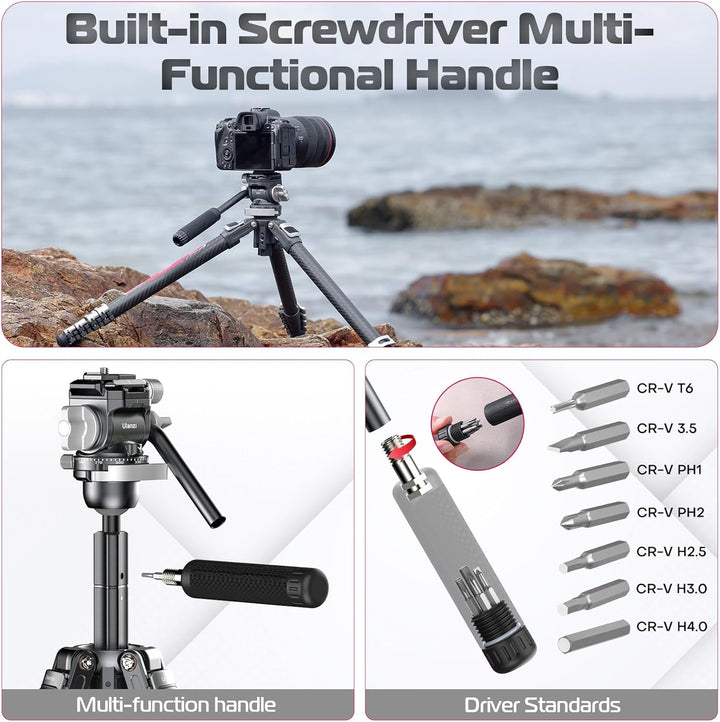Videostativ Carbonfaser, ULANZI TT09 VideoGo Travel Tripod Reisestativ mit Fluidkopf 360° Pan&-50°/+