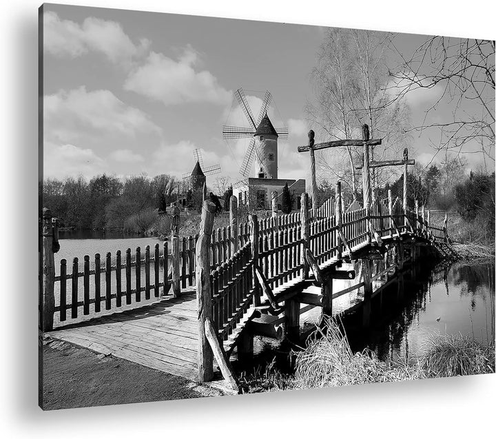 deyoli Mühlenwerke am sonnigen See Format: 80x60 als Leinwand, Effekt: Schwarz&Weiss, Motiv fertig g