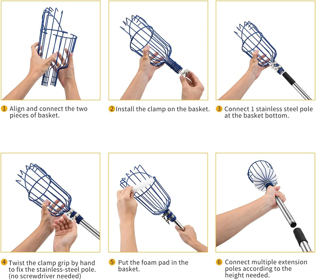 MaidMAX Obstpflücker mit Teleskopstiel aus Edelstahl 4 Meter, Apfelpflücker mit Gelenk und Schaumsto