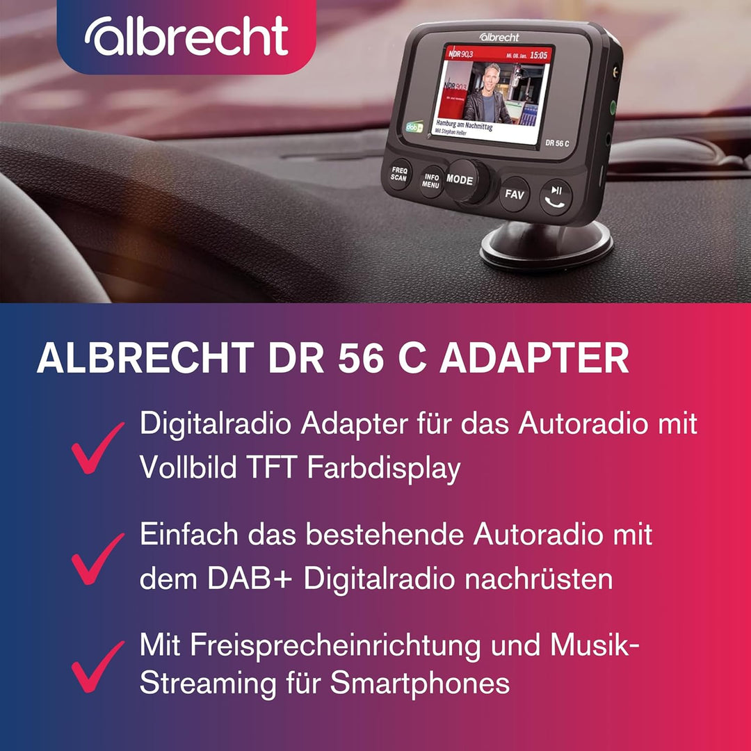 Albrecht DR56 C Digitalradio-Tuner mit Farbdisplay, 27156, zum Aufrüsten für Autoradios, FM-Transmit