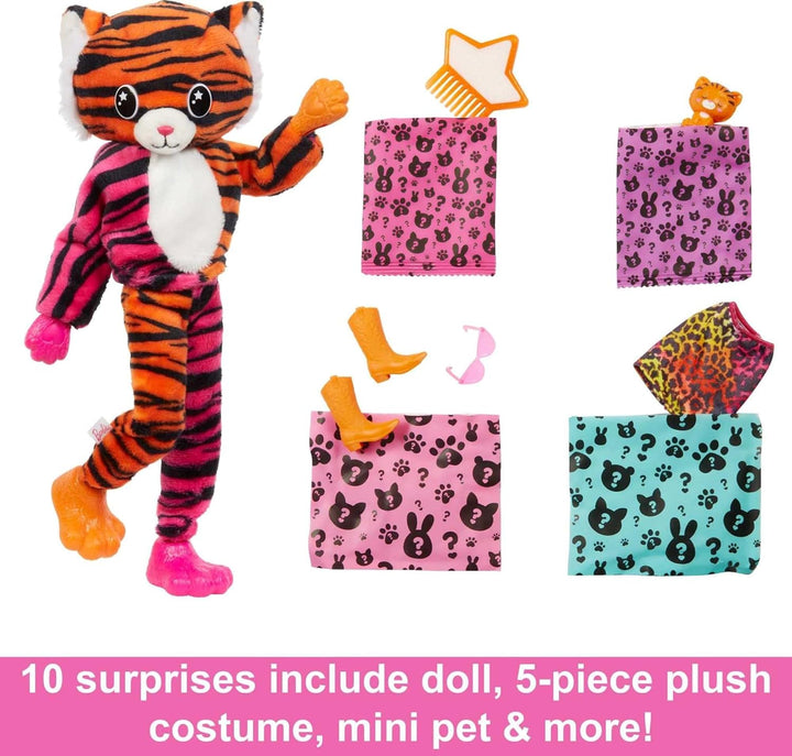 Barbie Cutie Reveal, bewegliche mit Tiger-Accessoires, 10 Überraschungen, Tierspielzeug, Farbwechsel