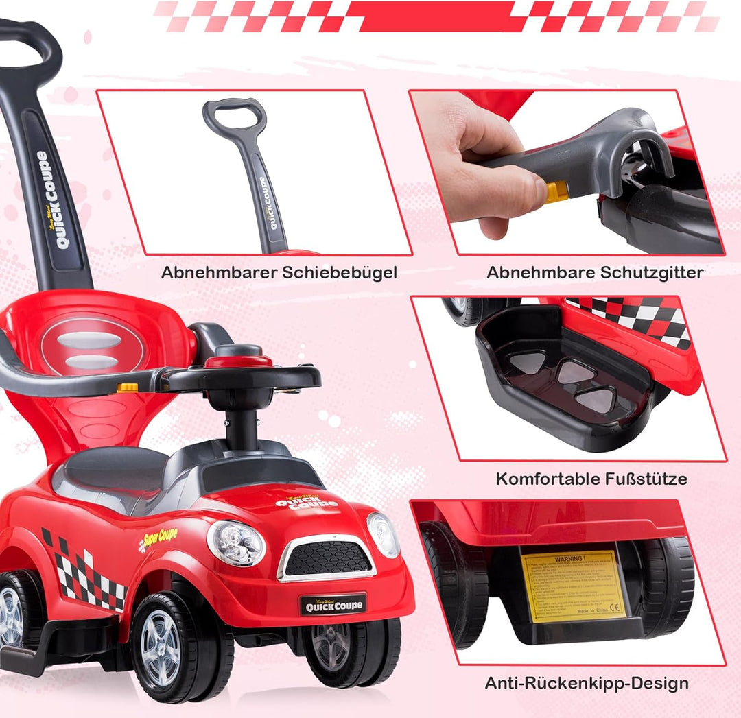 COSTWAY 3 in 1 Rutschauto Schiebeauto, Rutschfahrzeug mit abnehmbarem Schiebgriff, Schutzbügel & ver