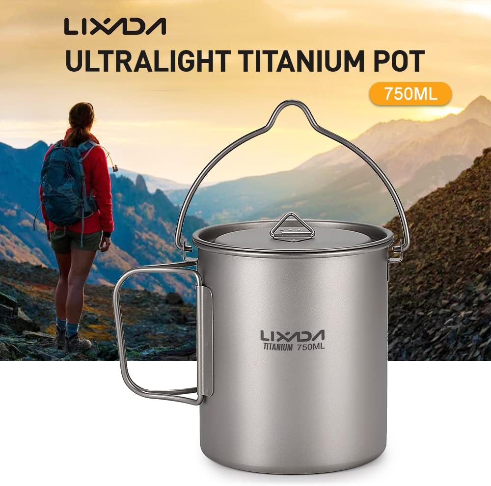 Lixada Titanium Cup Topf, Ultraleicht, tragbar, zum AufhĂ€ngen, mit Deckel und Griff, faltbar, fĂŒr Ca
