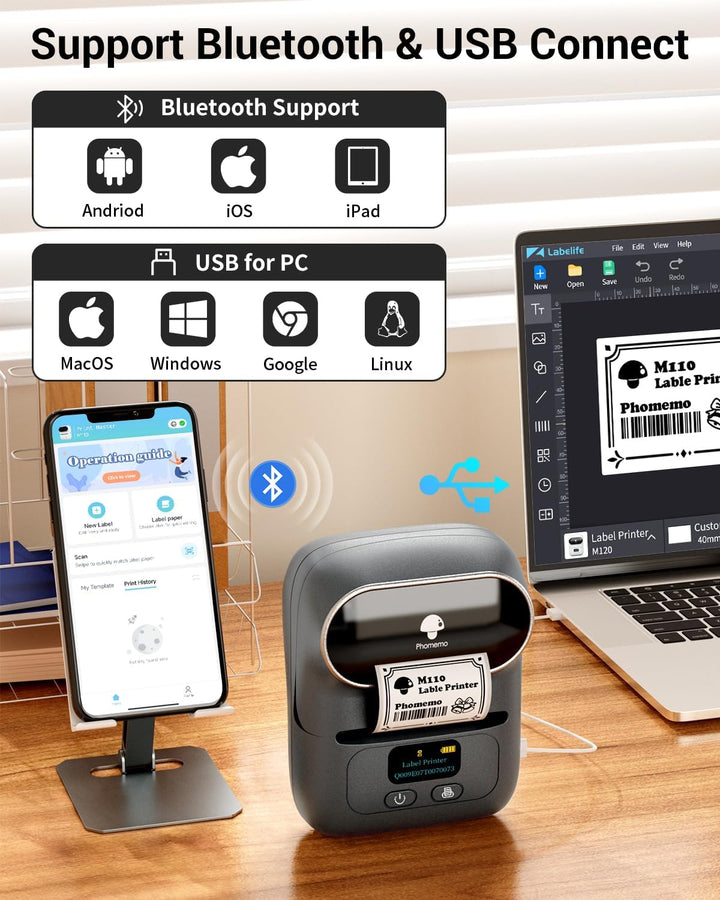 Phomemo M110 Etikettendrucker Selbstklebend mit 3 Etikettenrollen - Thermo Etikettiergerät Bluetooth