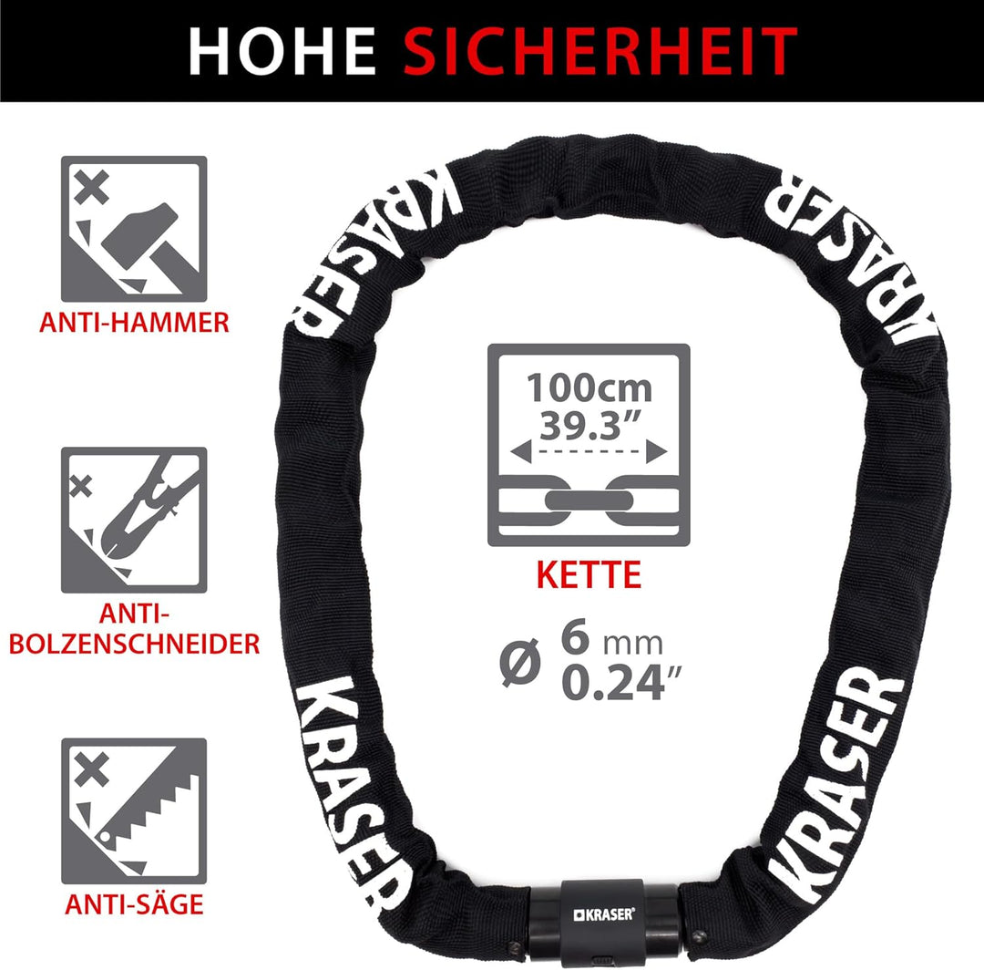 KRASER KR620 Fahrradschloss Fahrrad Kettenschloss mit wasserdichter Abdeckung 360 Grad Drehbares Ver