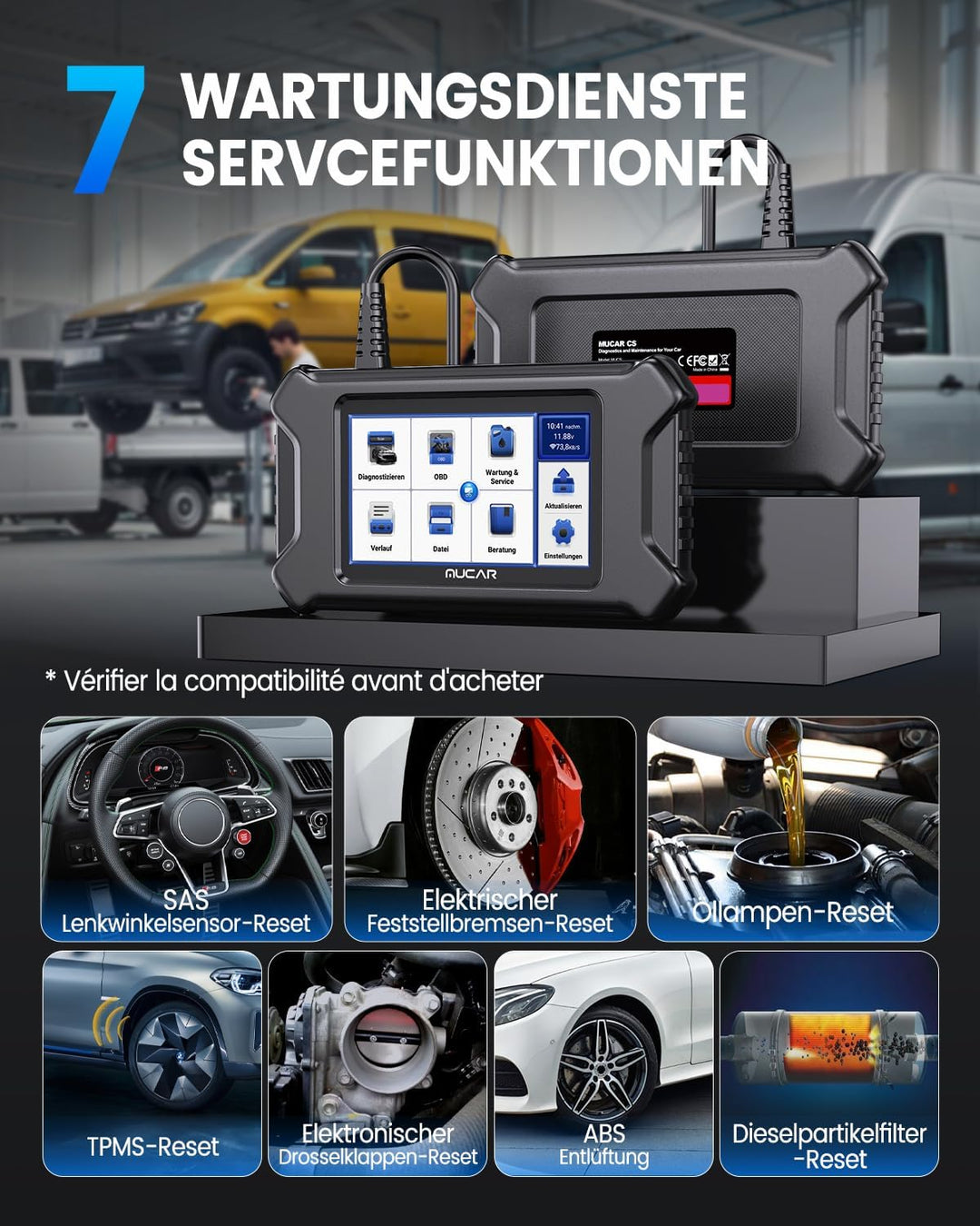 OBD2 Diagnosegerät, MUCAR CS6 Diagnosegerät Auto Mit 6 System(ECM/TCM/ABS/SRS/TPMS/BCM) + 7 Reset-Fu